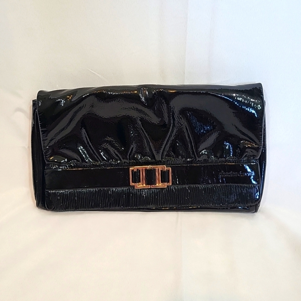 CHARLES DAVID Patent Leather Envelope Clutch Handbag Purse Black Foldover NWT